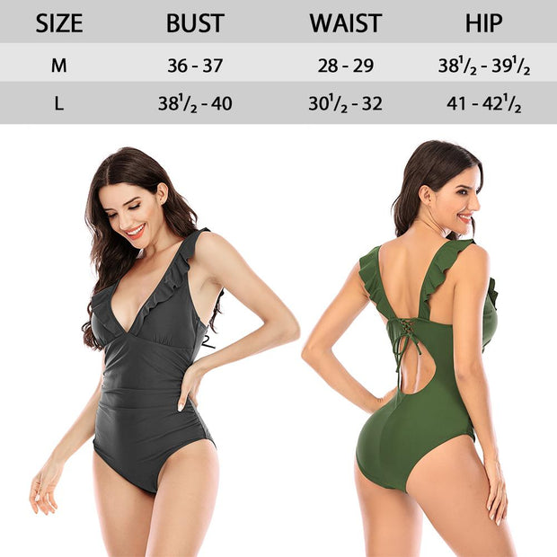 One-Piece Swimsuit Nylon V Neck Low Back Lacing Beach Pool Female SP